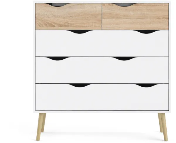 TVILUM Delta chest of drawers - white/oak structure, with 5 drawers